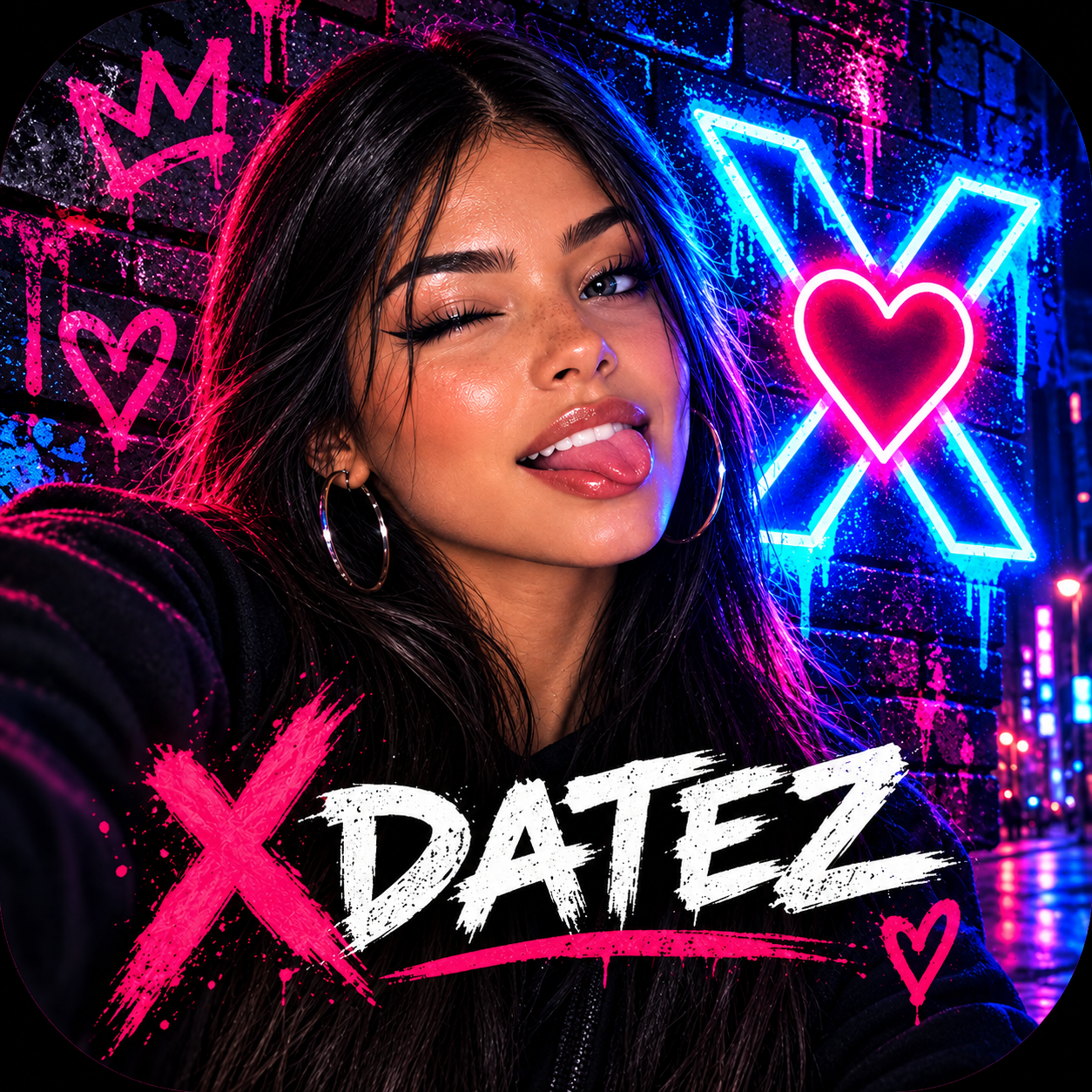 XDatez neon artwork with a winking woman and the XDATEZ logo